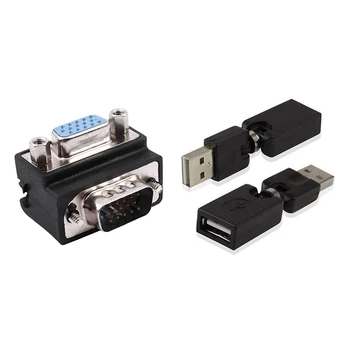 1X 15-Pin VGA Moški-Ženska M/F Desni Kotni Adapter & 2X USB 2.0 Tip A Moški Tip A Ženski Kota Podaljšek Adapter